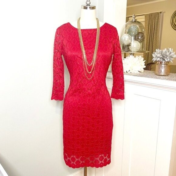 Ronni Nicole Red Lace Scalloped Edge Sheath Dress 6 Small - Picture 2 of 10